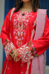 Shadmani Luxury Lawn Suit – Crimson Red 3-Piece with Organza Dupatta