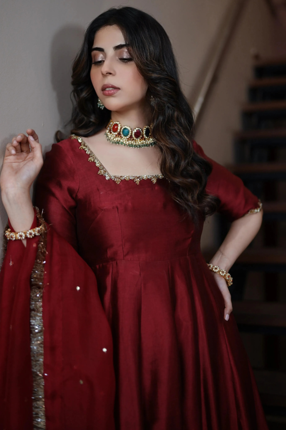 Dil Ruba – Deep Maroon Hand Embellished Tissue Silk Kalidar Pishwas with Organza Dupatta