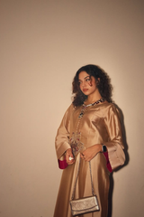 Sheesha Champagne Gold Kurta Set – A-Line Silk-Look Kurta with Wide-Leg Trousers