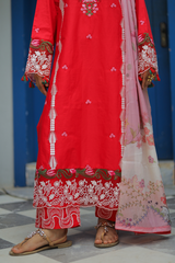 Shadmani Luxury Lawn Suit – Crimson Red 3-Piece with Organza Dupatta