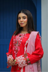 Shadmani Luxury Lawn Suit – Crimson Red 3-Piece with Organza Dupatta