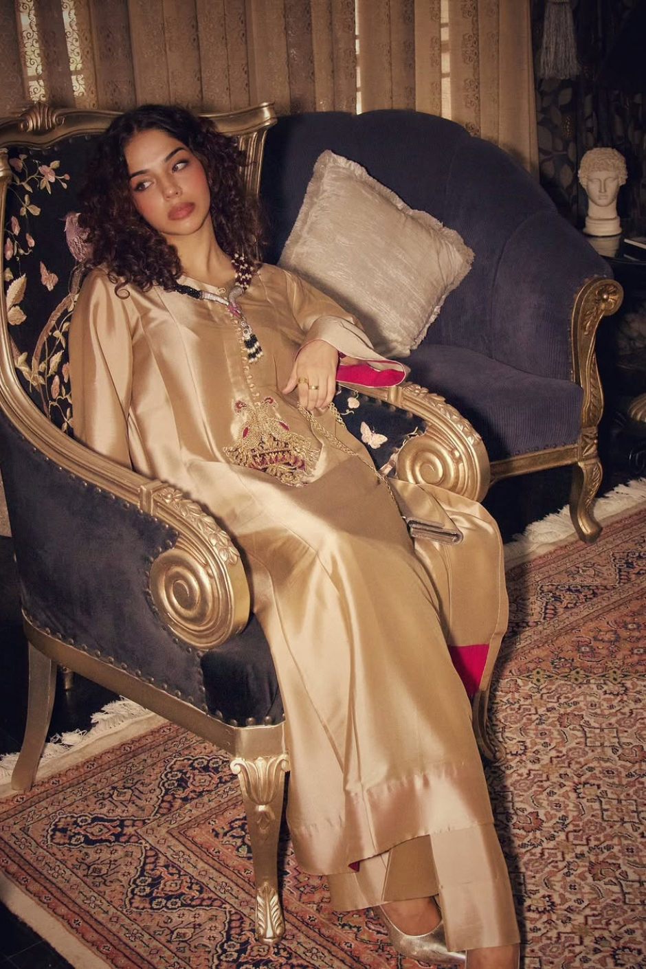 Sheesha Champagne Gold Kurta Set – A-Line Silk-Look Kurta with Wide-Leg Trousers