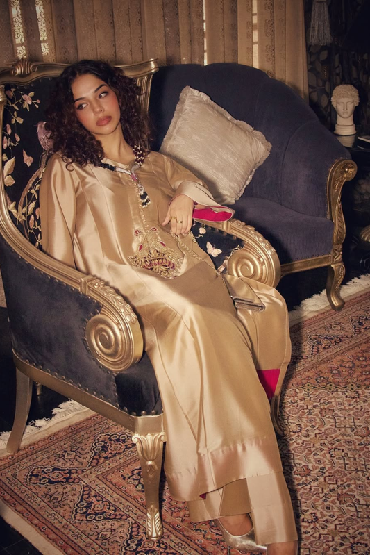 Sheesha Champagne Gold Kurta Set – A-Line Silk-Look Kurta with Wide-Leg Trousers