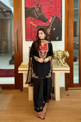 Zarqash Russian Silk 3-Piece – Embroidered Farshi Trouser Set with Zari Dupatta