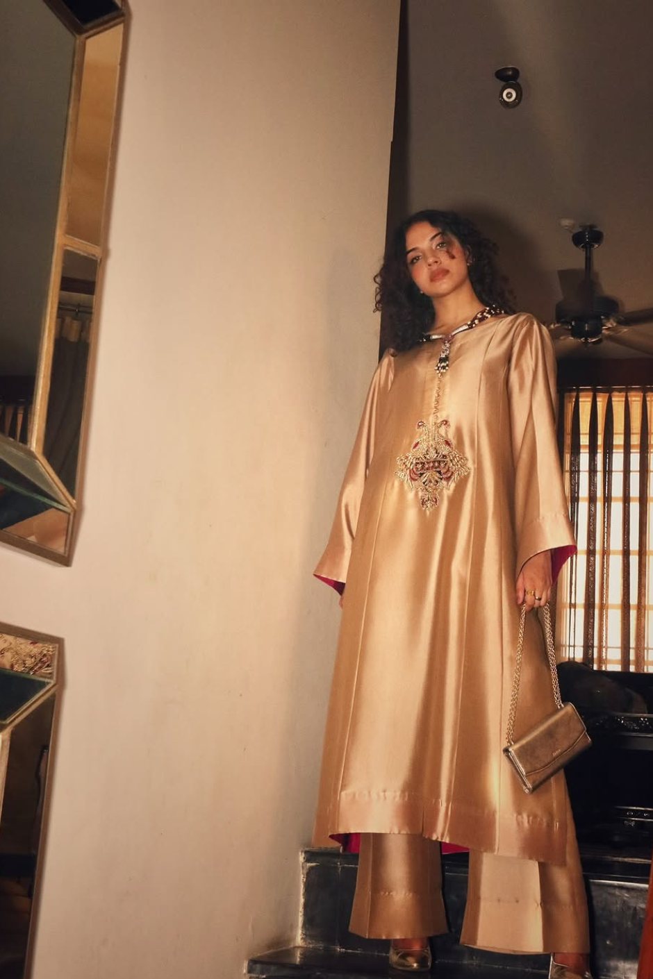 Sheesha Champagne Gold Kurta Set – A-Line Silk-Look Kurta with Wide-Leg Trousers