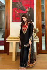 Zarqash Russian Silk 3-Piece – Embroidered Farshi Trouser Set with Zari Dupatta